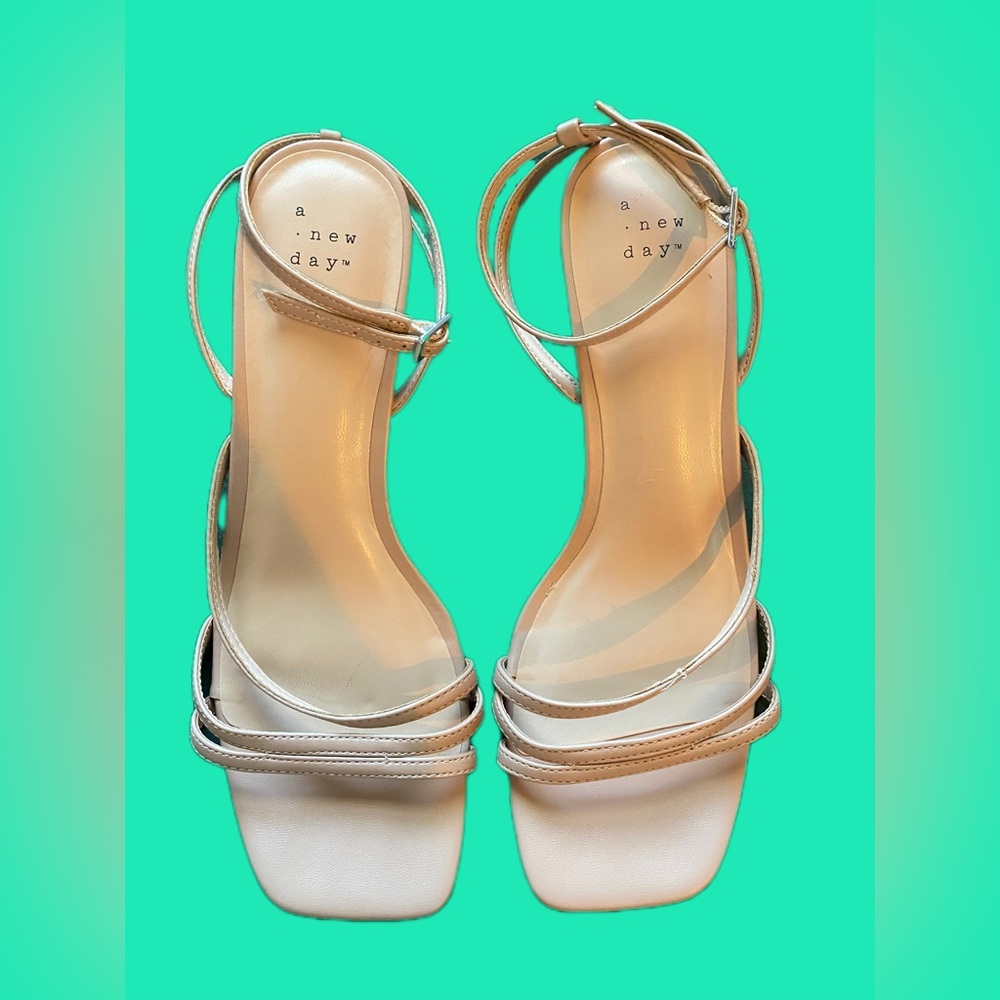 Beige square toed ankle strap wedges Sz 9